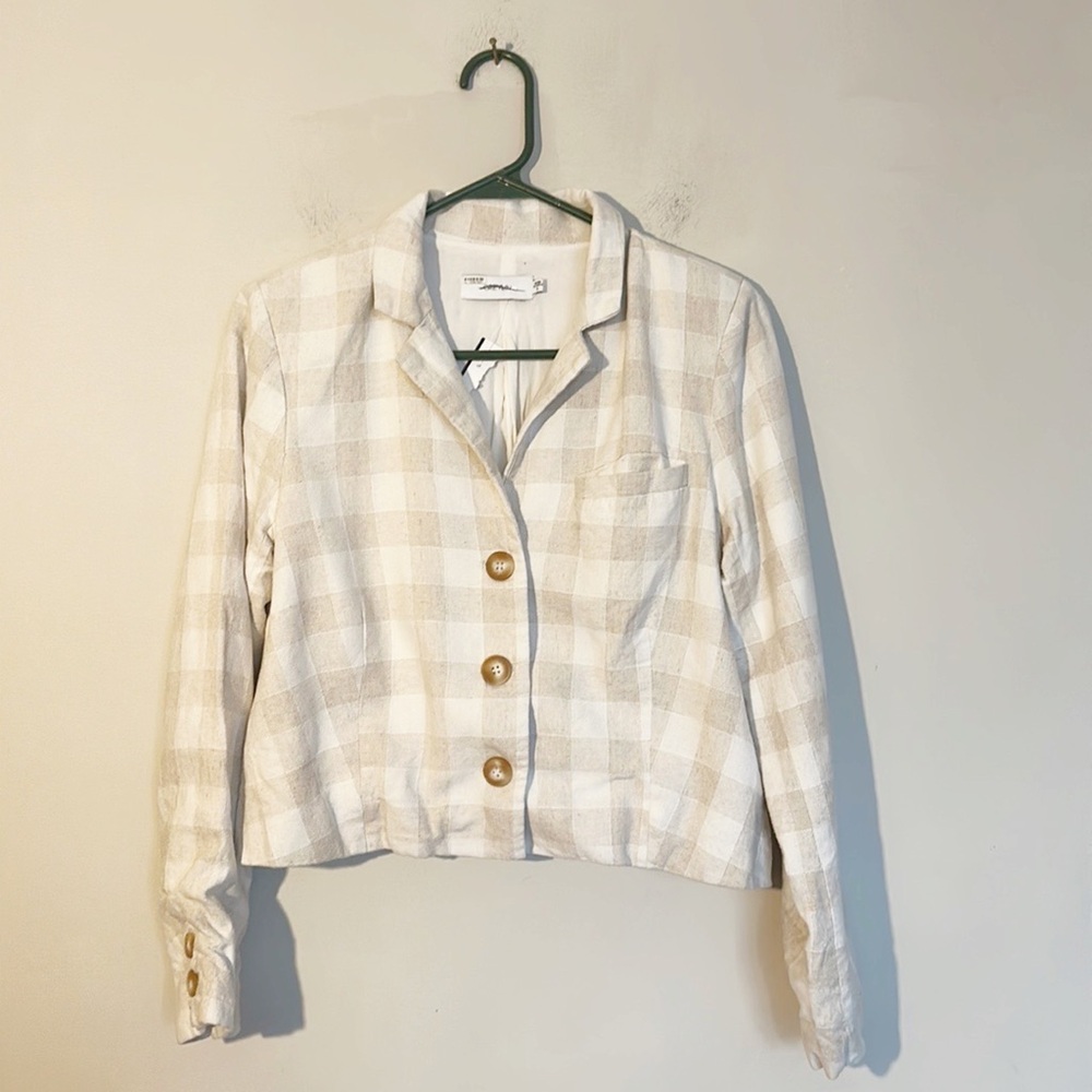 Anthropologie x Greylin Linen Cropped Check Plaid cream blazer women size Small